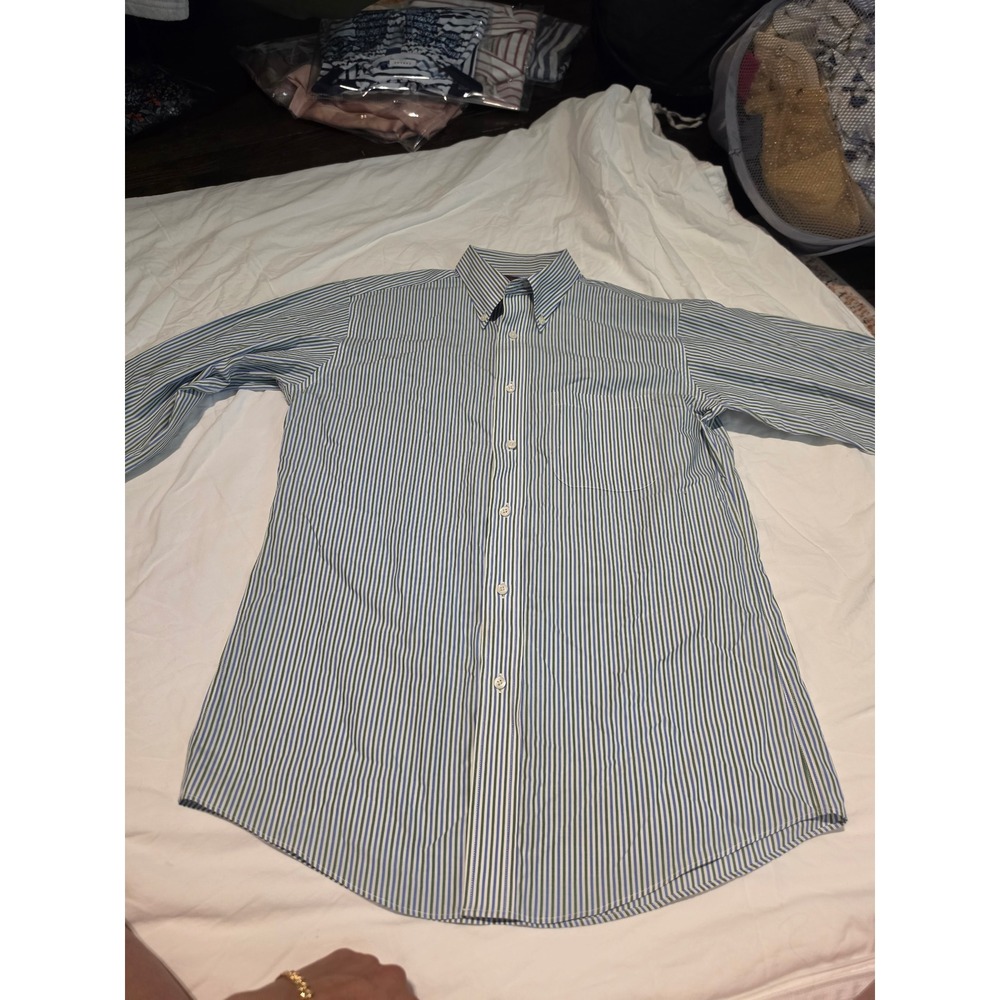 Brooks Brothers Mens Small Blue Green Striped Non-Iron Cotton Button Down Shirt